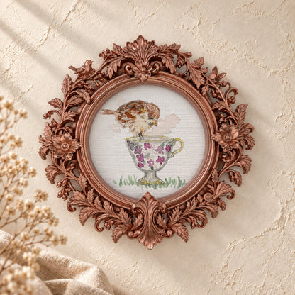 Sparrow on a Purple Teacup round framed art print, rose gold baroque frame