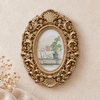 Stretching Cat on a Shelf framed art print, gold baroque frame