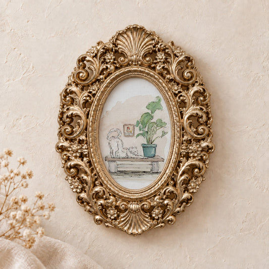 Stretching Cat on a Shelf framed art print, gold baroque frame