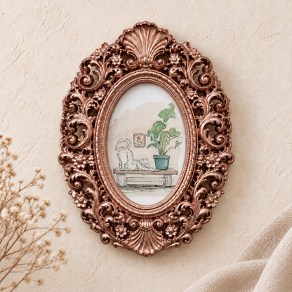 Stretching Cat on a Shelf framed art print, rose gold baroque frame