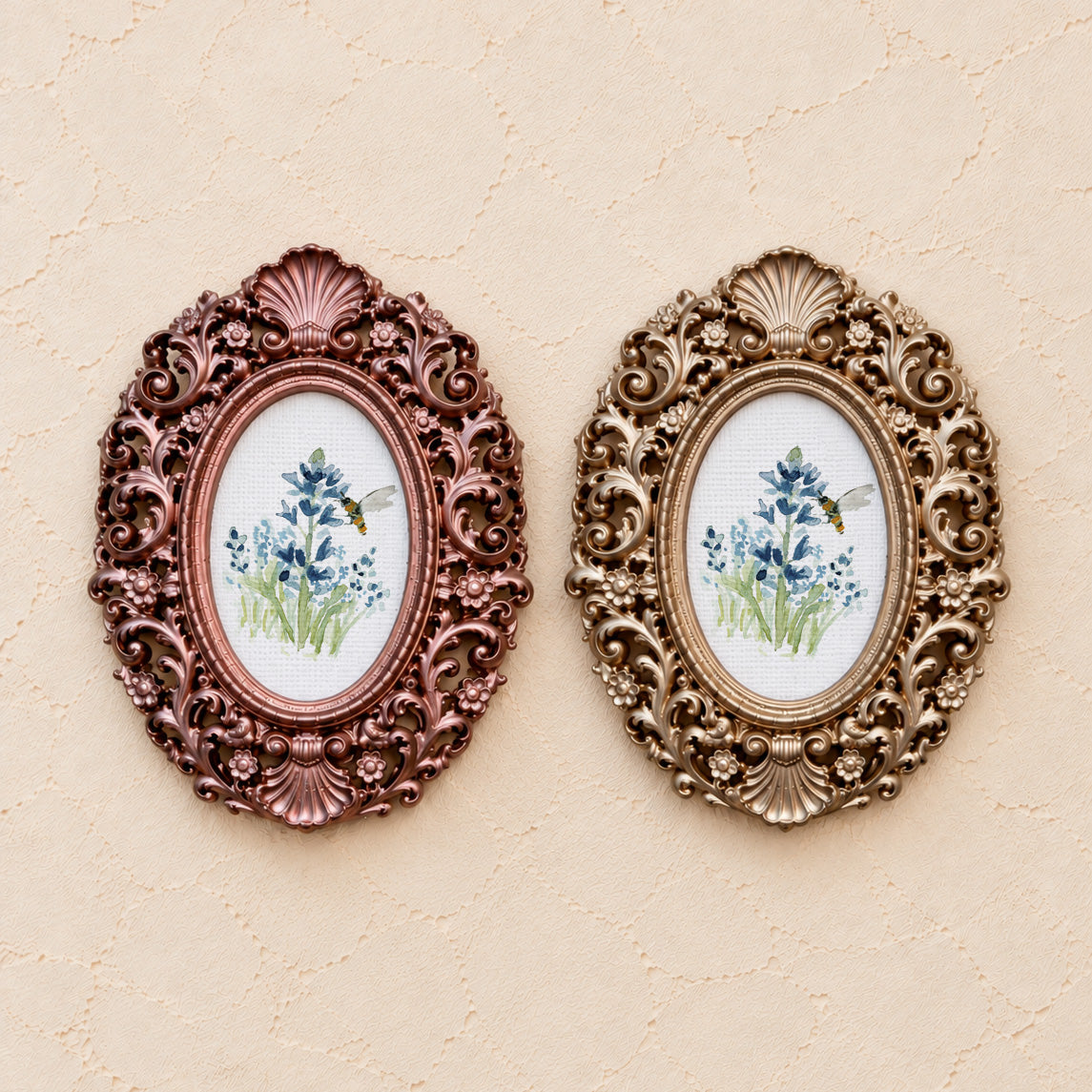 Texas Bluebonnets, gold and rose gold side by side