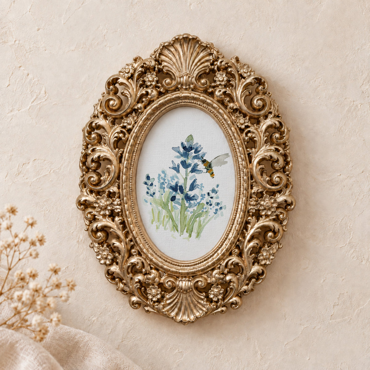 Texas Bluebonnets framed art print, gold baroque frame