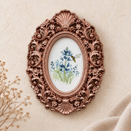 Texas Bluebonnets framed art print, rose gold baroque frame