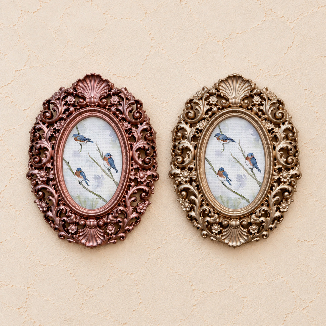 Three Bluebirds on a Branch, gold and rose gold side by side