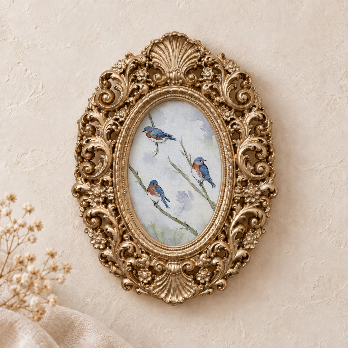 Three Bluebirds on a Branch framed art print, gold baroque frame
