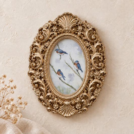 Three Bluebirds on a Branch framed art print, gold baroque frame