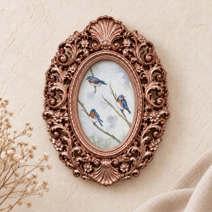 Three Bluebirds on a Branch framed art print, rose gold baroque frame
