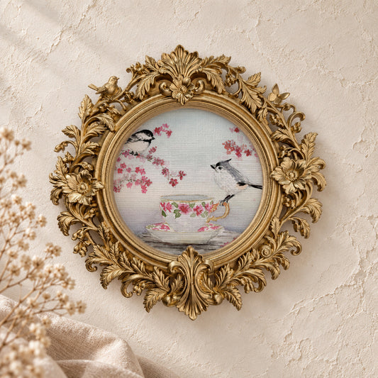 Titmouse and Chickadee in Cherry Blossoms round framed art print, gold baroque frame