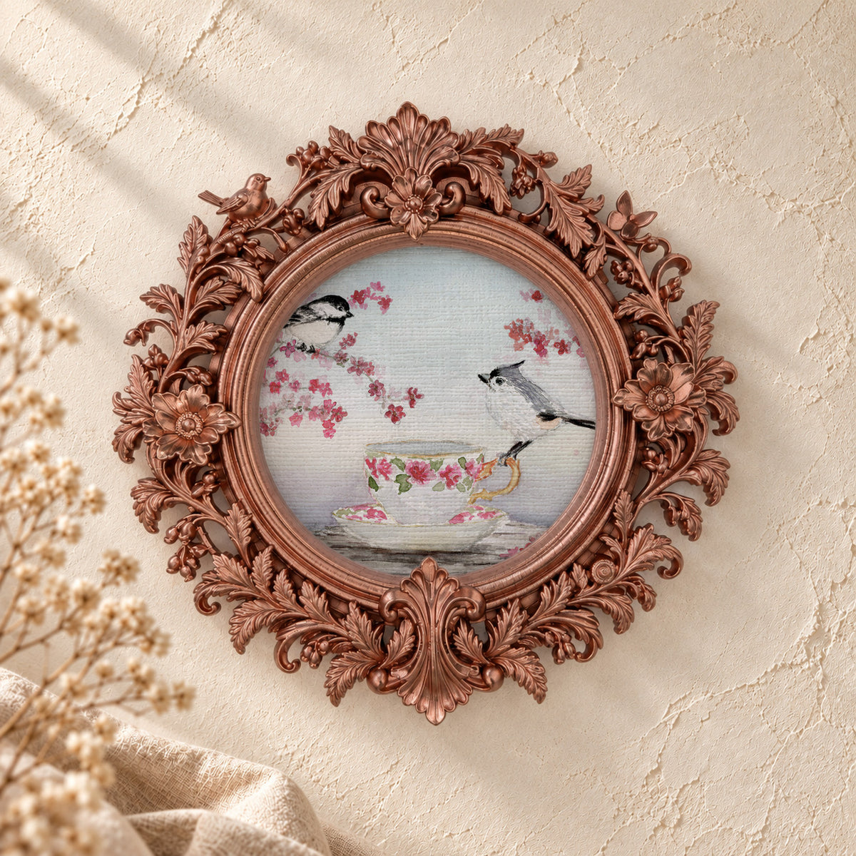 Titmouse and Chickadee in Cherry Blossoms round framed art print, rose gold baroque frame