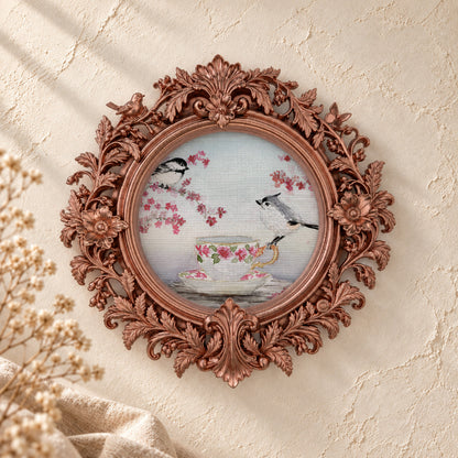 Titmouse and Chickadee in Cherry Blossoms round framed art print, rose gold baroque frame