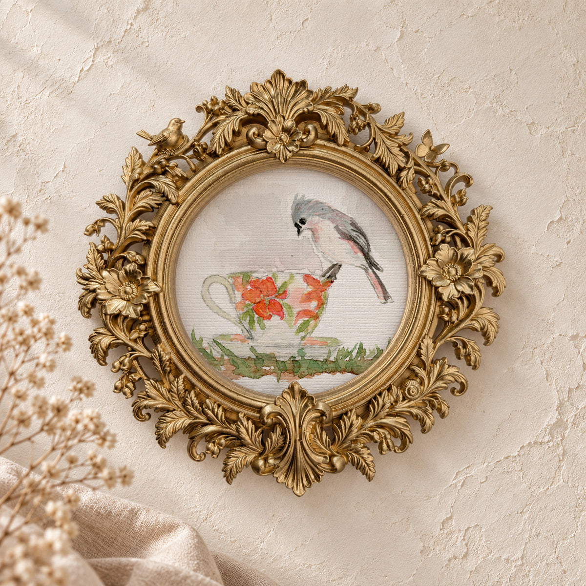 Titmouse on a Teacup round framed art print, gold baroque frame