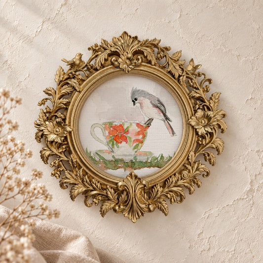 Titmouse on a Teacup round framed art print, gold baroque frame