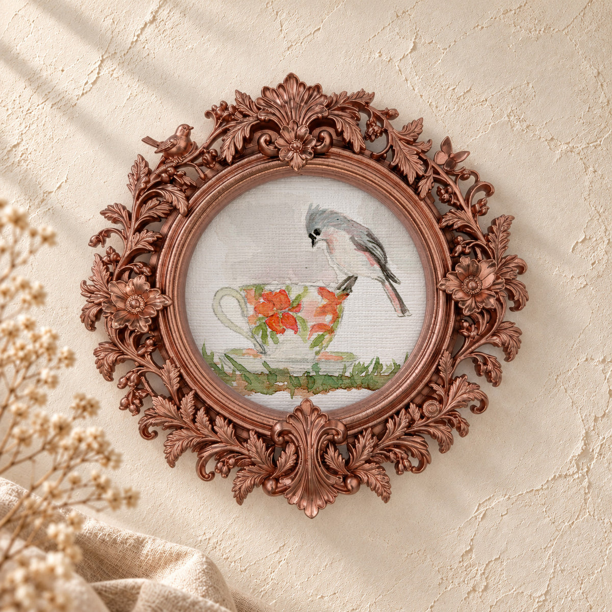 Titmouse on a Teacup round framed art print, rose gold baroque frame