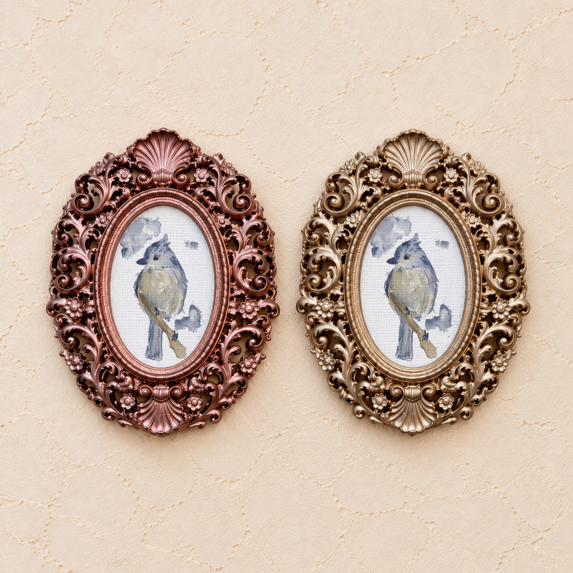 Tufted Titmouse, gold and rose gold side by side
