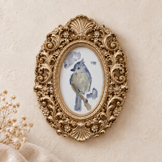 Tufted Titmouse framed art print, gold baroque frame