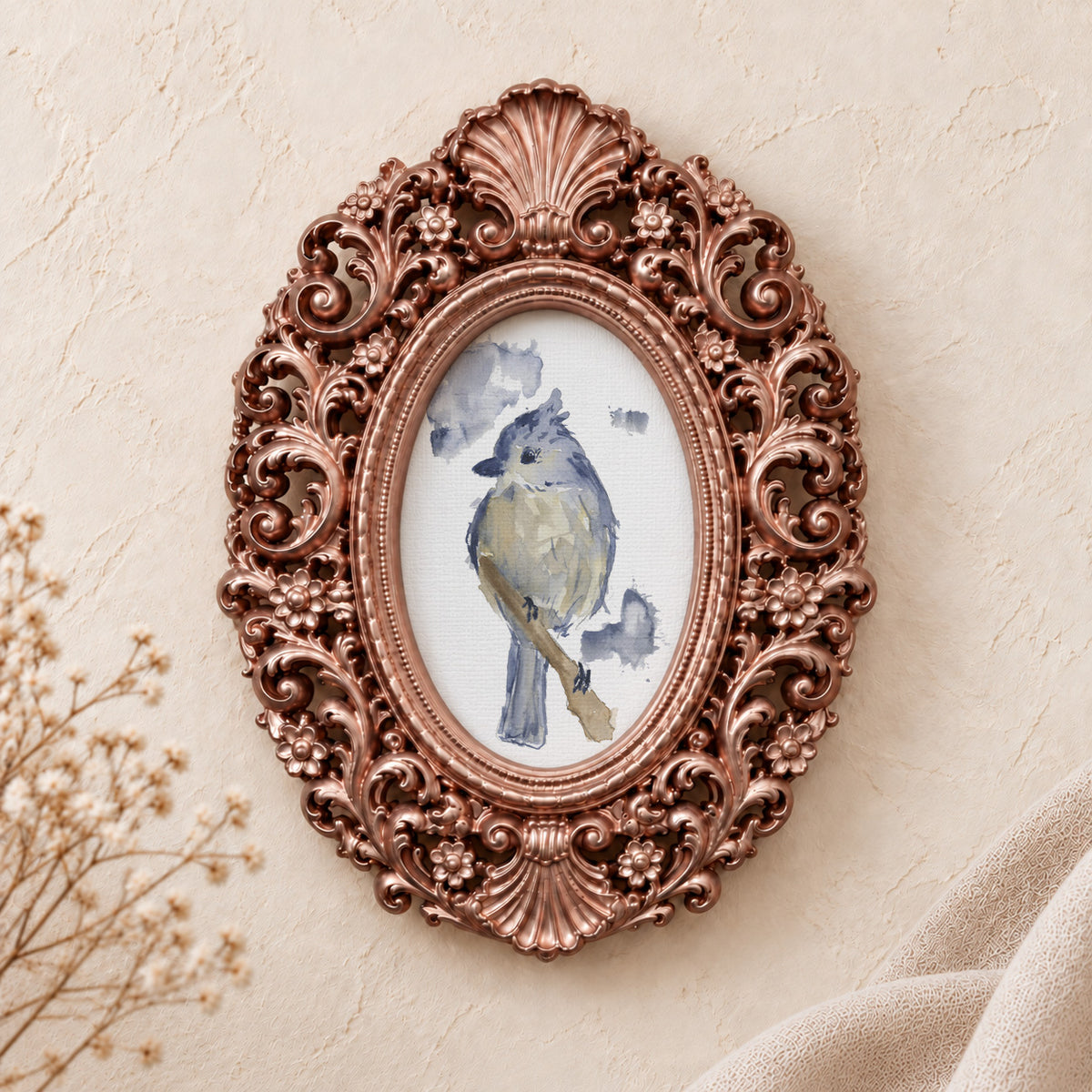 Tufted Titmouse framed art print, rose gold baroque frame