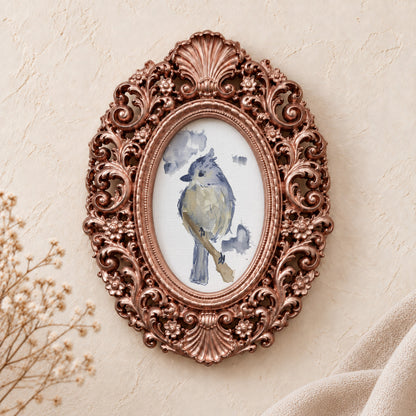 Tufted Titmouse framed art print, rose gold baroque frame