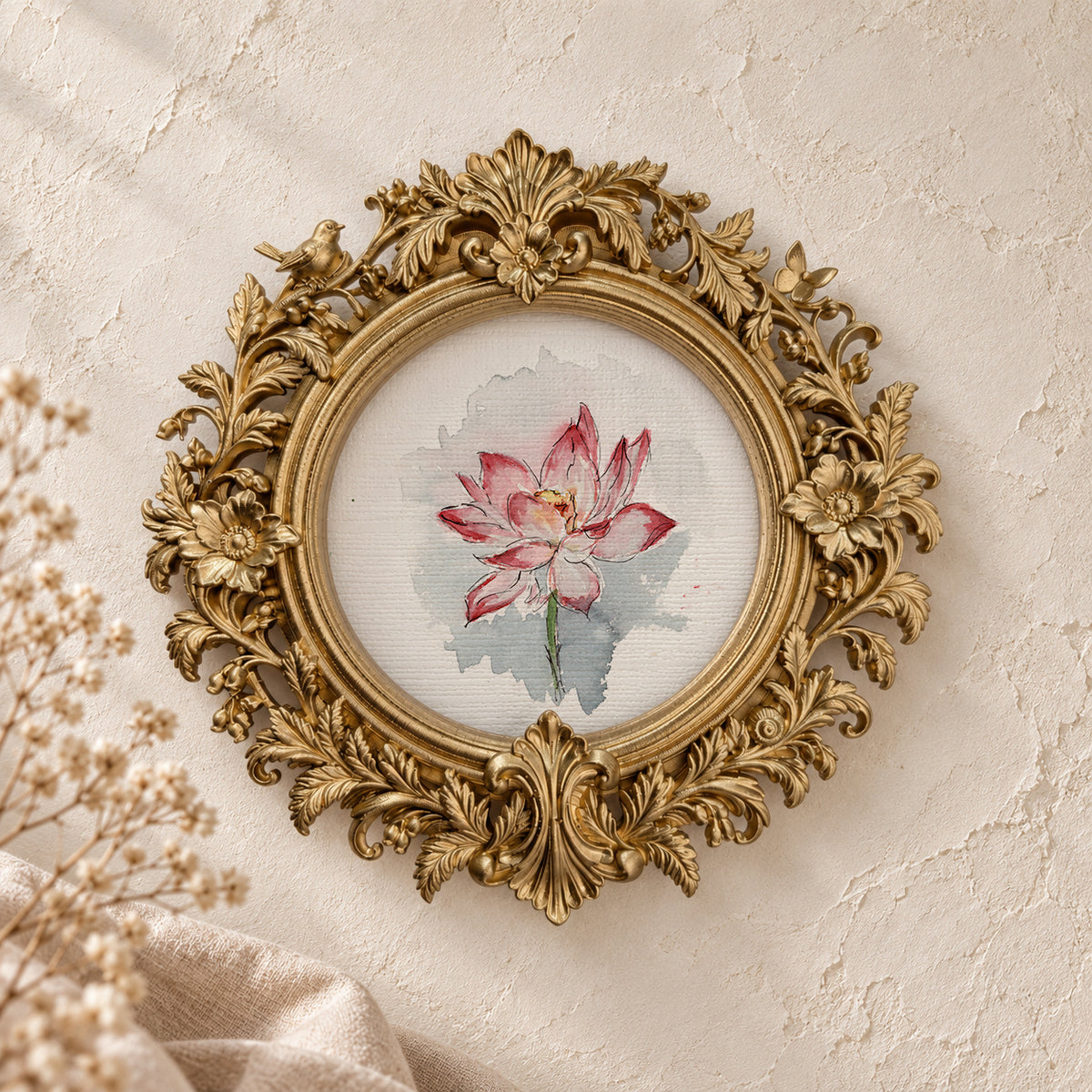 Water Lily round framed art print, gold baroque frame