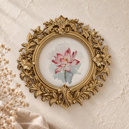 Water Lily round framed art print, gold baroque frame