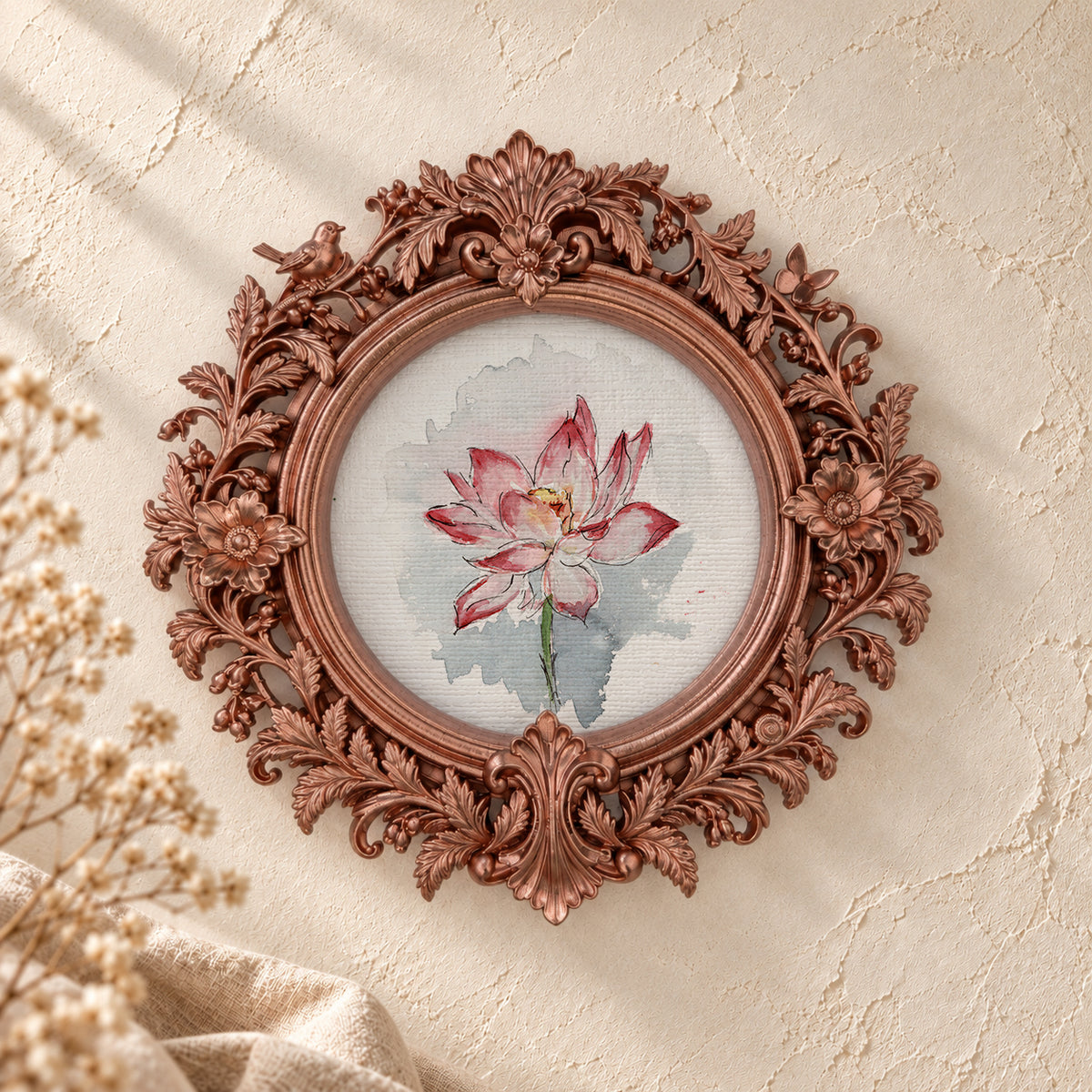 Water Lily round framed art print, rose gold baroque frame