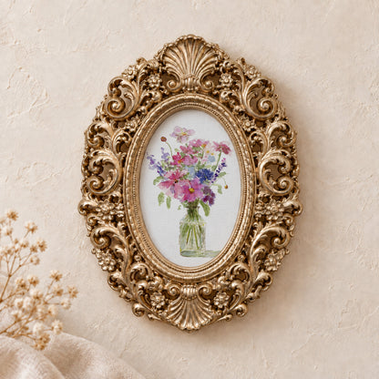 Wildflowers in a Jar framed art print, gold baroque frame