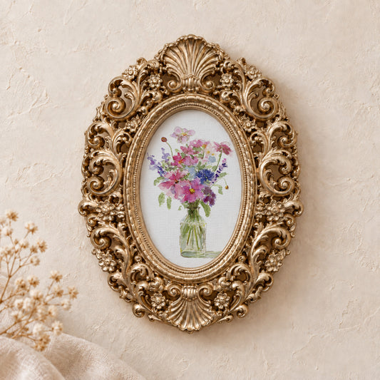 Wildflowers in a Jar framed art print, gold baroque frame