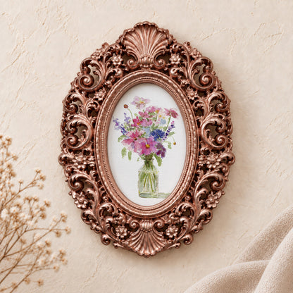Wildflowers in a Jar framed art print, rose gold baroque frame