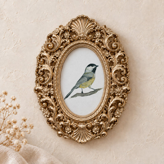 Yellow-Bellied Songbird framed art print, gold baroque frame