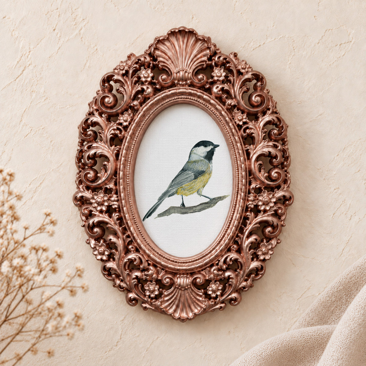 Yellow-Bellied Songbird framed art print, rose gold baroque frame