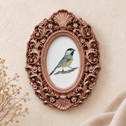 Yellow-Bellied Songbird framed art print, rose gold baroque frame