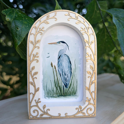 Blue Heron in Reeds  - Ornate Arch Frame