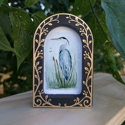 Blue Heron in Reeds  - Ornate Arch Frame