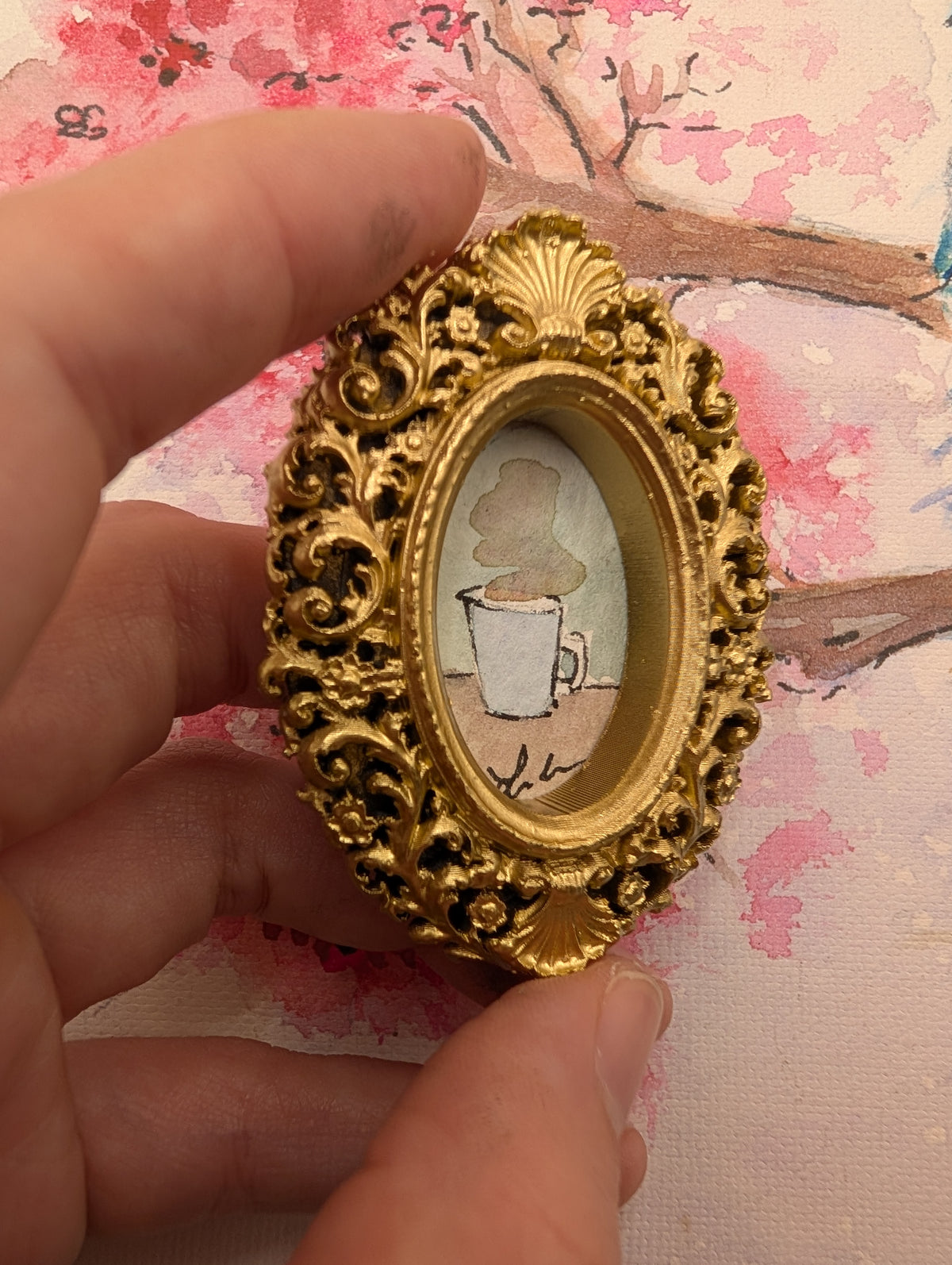 Mini Coffee Mug Painting - Original Watercolor Art by Lora Cavallin