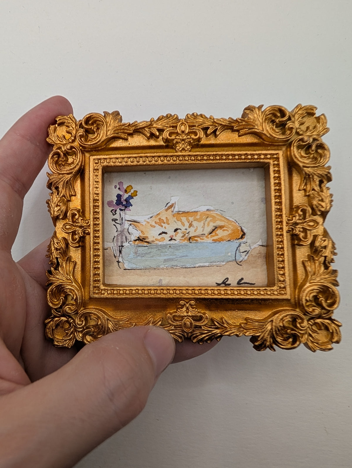 Mini Sleeping Cat Painting - Original Watercolor Art by Lora Cavallin