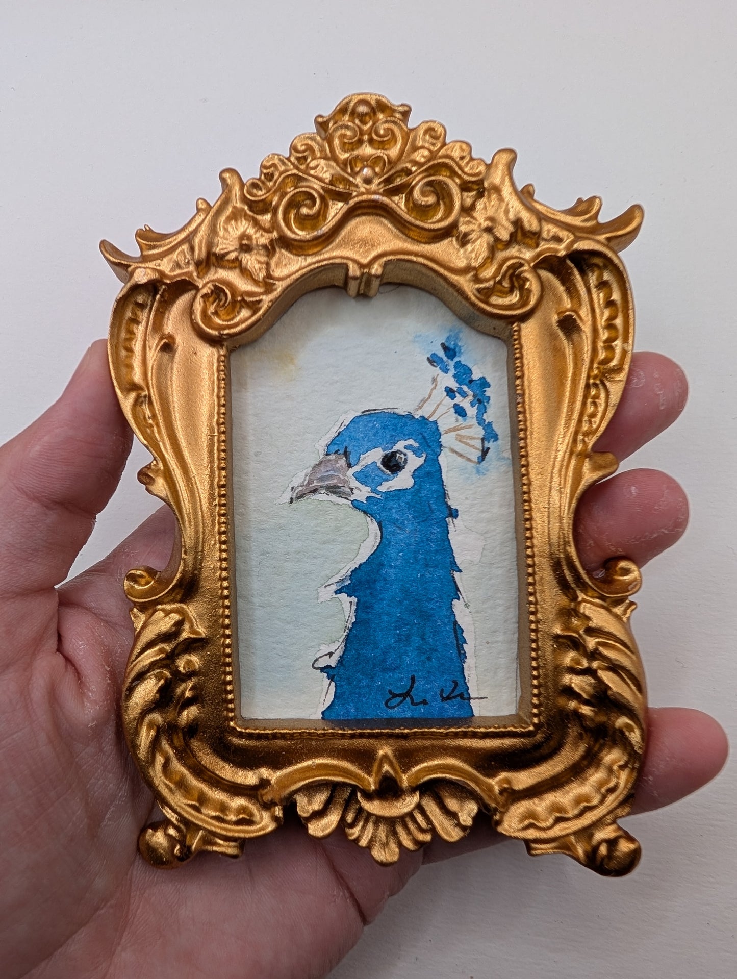Mini Peacock Painting - Original Watercolor Art by Lora Cavallin