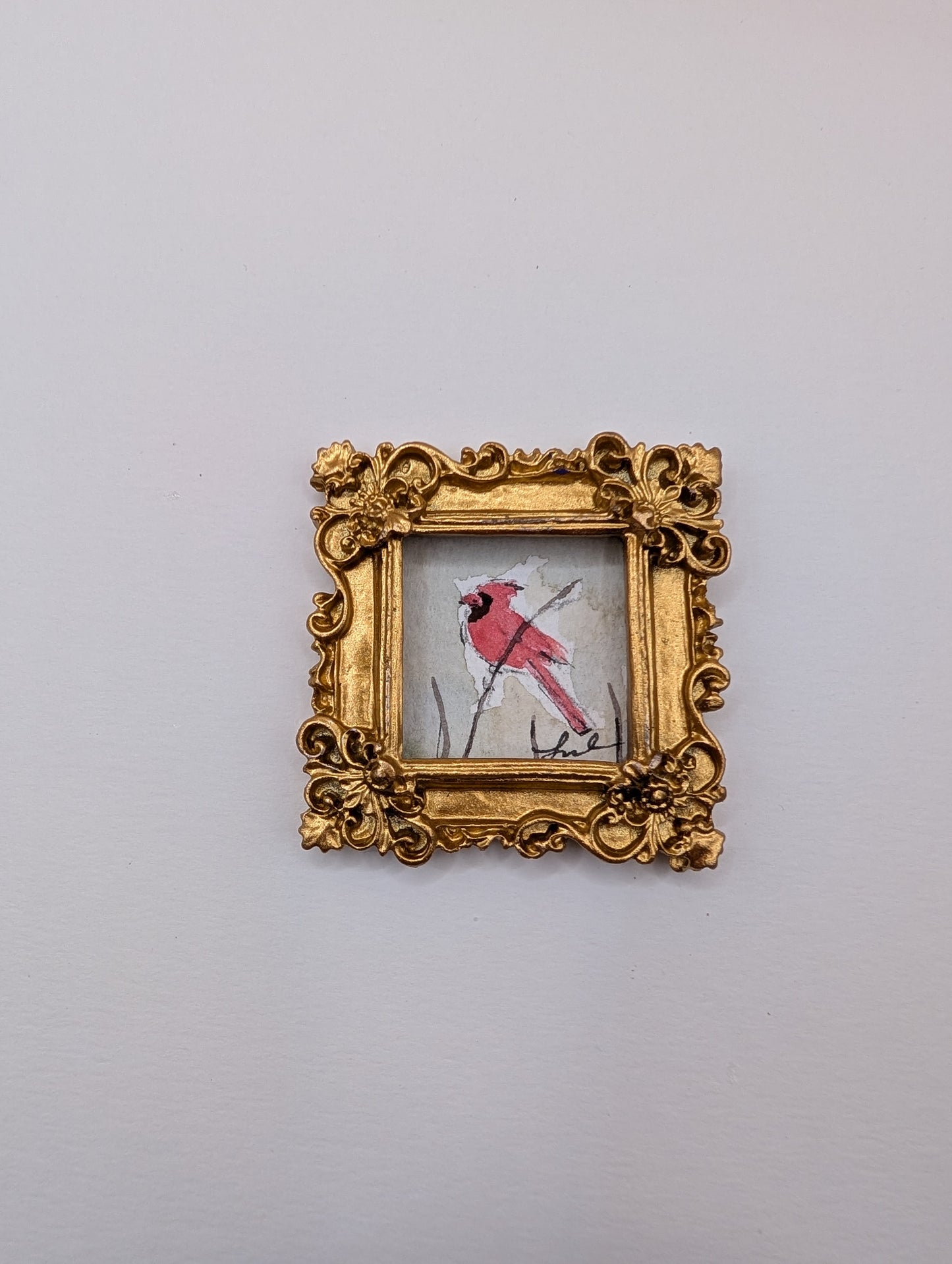 Mini Cardinal Bird Painting - Original Watercolor Art by Lora Cavallin