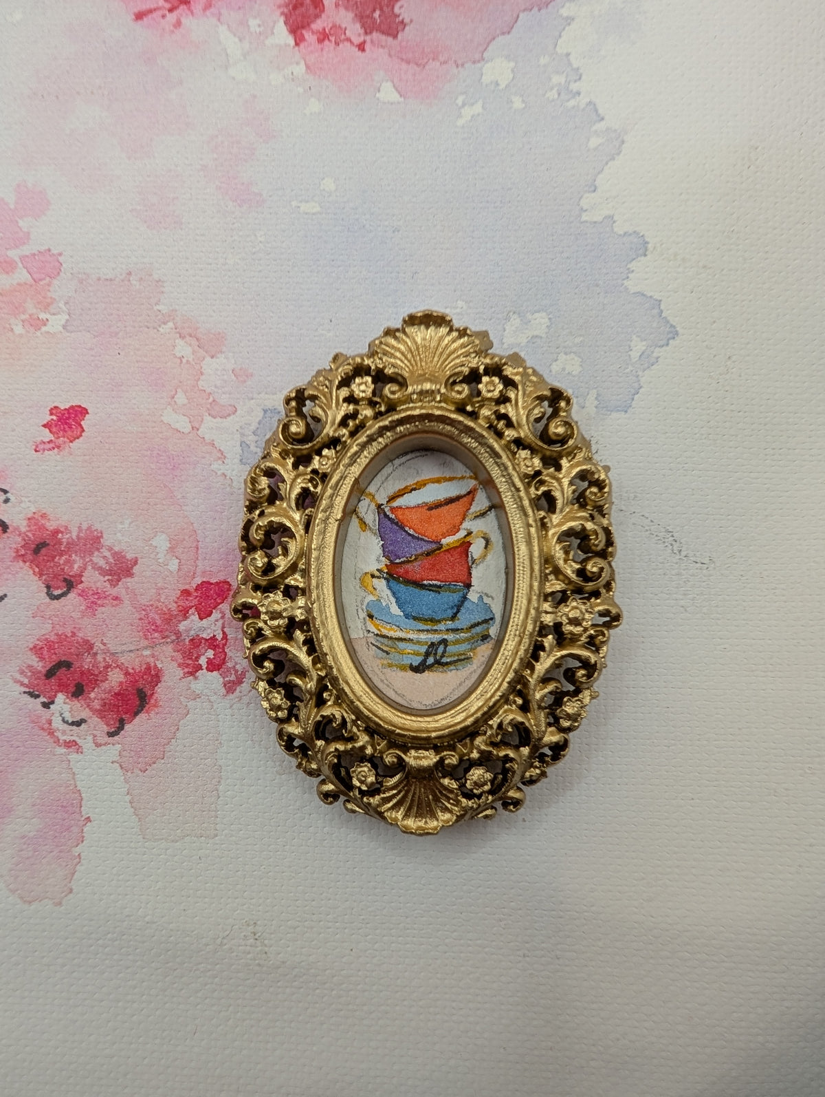 Mini Stack of Teacups Painting - Original Watercolor Art by Lora Cavallin