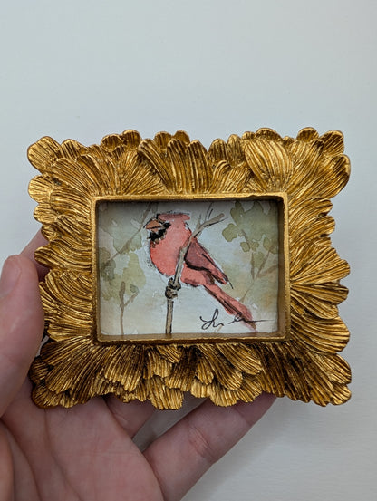 Mini Cardinal Bird Painting - Original Watercolor Art by Lora Cavallin