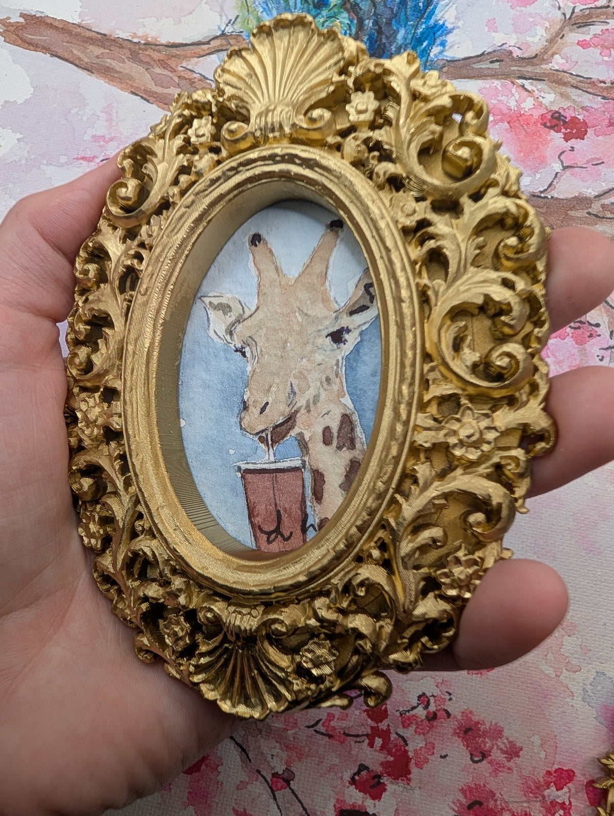 Mini Giraffe with Iced Drink Painting - Original Watercolor Art by Lora Cavallin