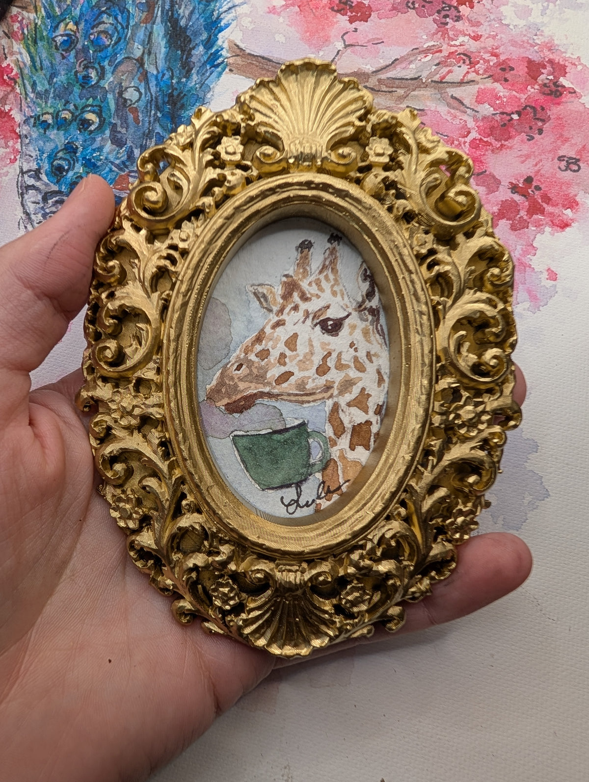 Mini Giraffe with Coffee Mug Painting - Original Watercolor Art by Lora Cavallin