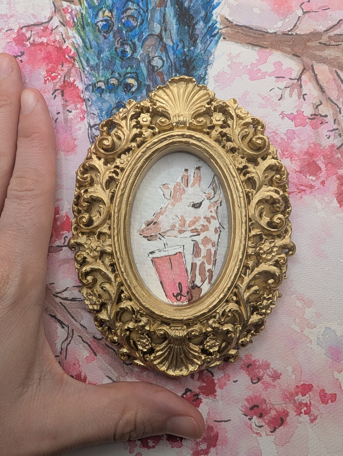 Mini Giraffe with Pink Drink Painting - Original Watercolor Art by Lora Cavallin