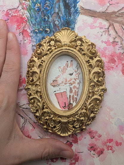 Mini Giraffe with Pink Drink Painting - Original Watercolor Art by Lora Cavallin