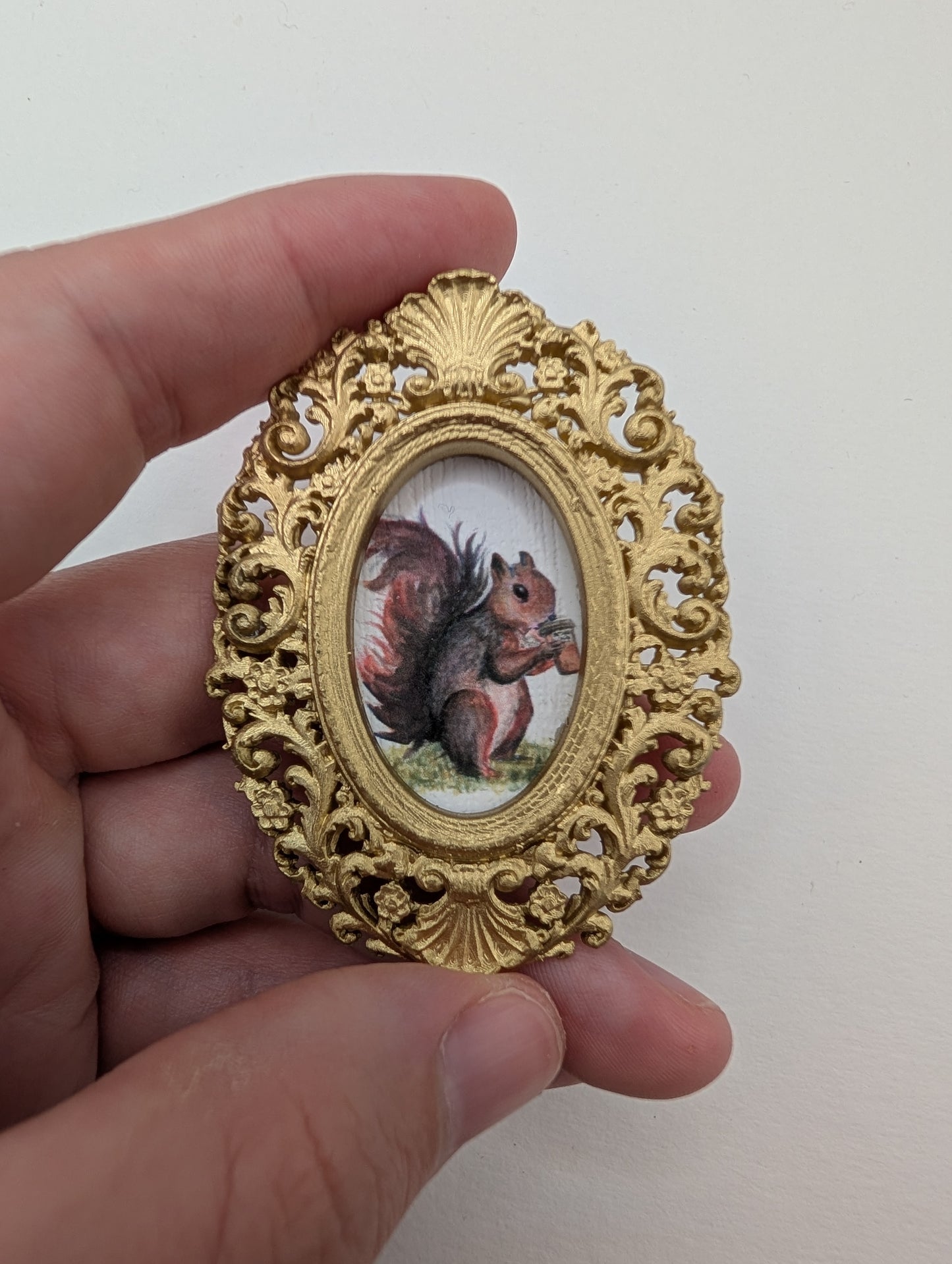 Tiny Squirrel Drinking Coffee Art Print - Dollhouse Size - With Gold Frame