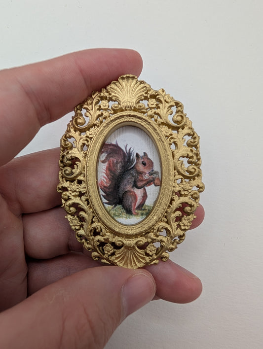 Tiny Squirrel Drinking Coffee Art Print - Dollhouse Size - With Gold Frame