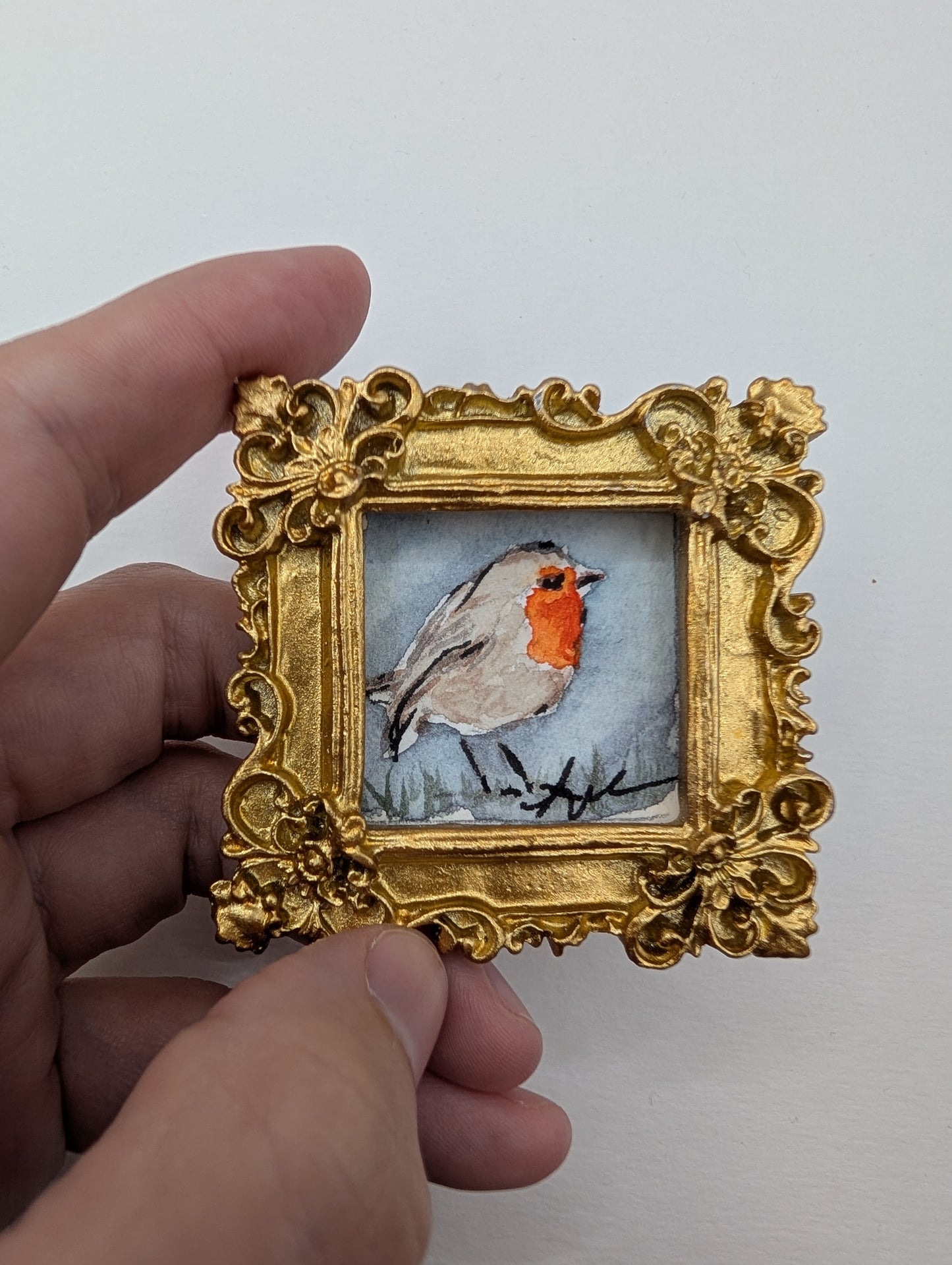 Mini Robin Bird Painting - Original Watercolor Art by Lora Cavallin