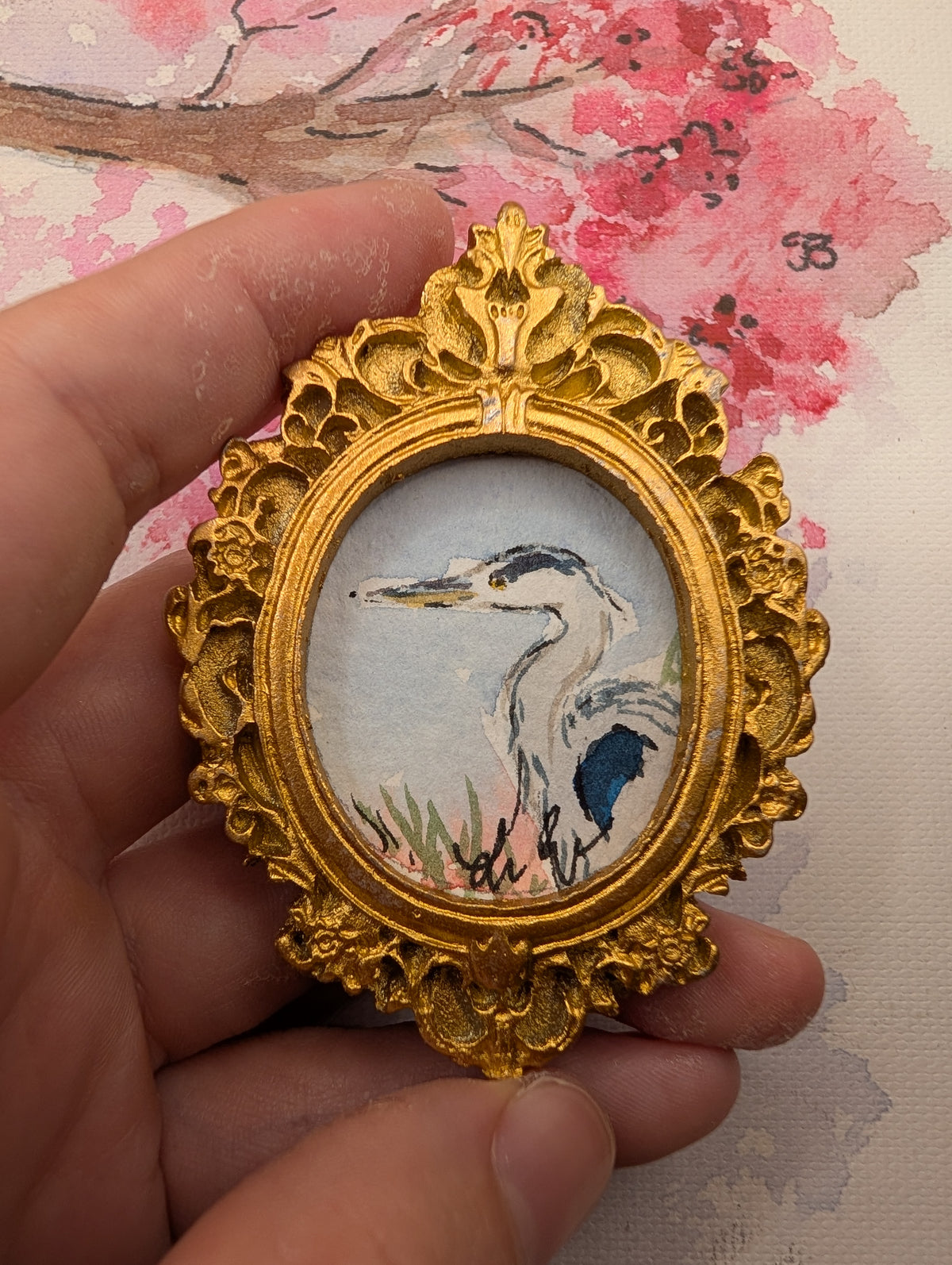 Mini Blue Heron Painting - Original Watercolor Art by Lora Cavallin