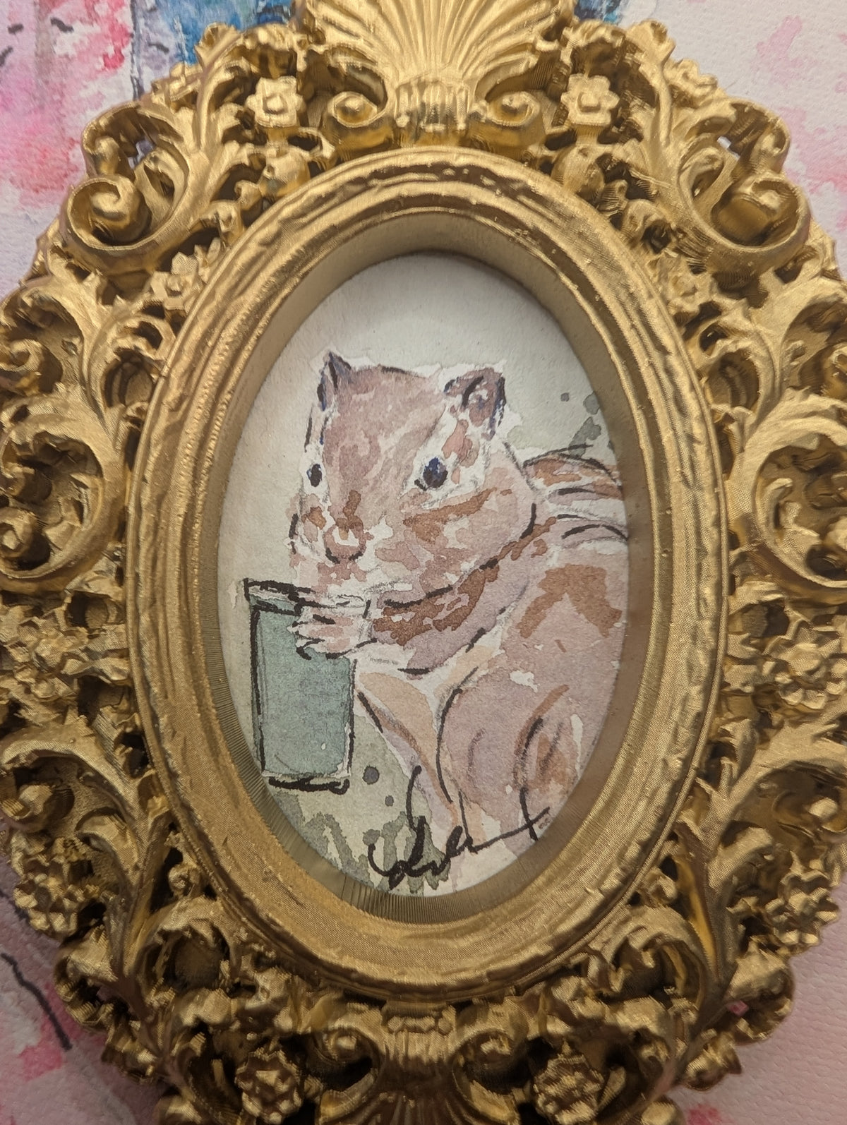 Mini Chipmunk with Coffee Painting - Original Watercolor Art by Lora Cavallin