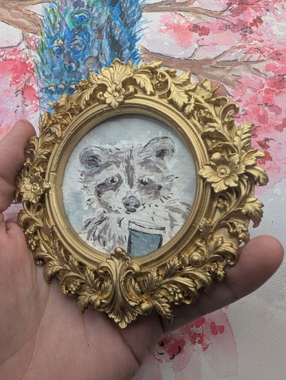 Mini Raccoon with Coffee Painting - Original Watercolor Art by Lora Cavallin