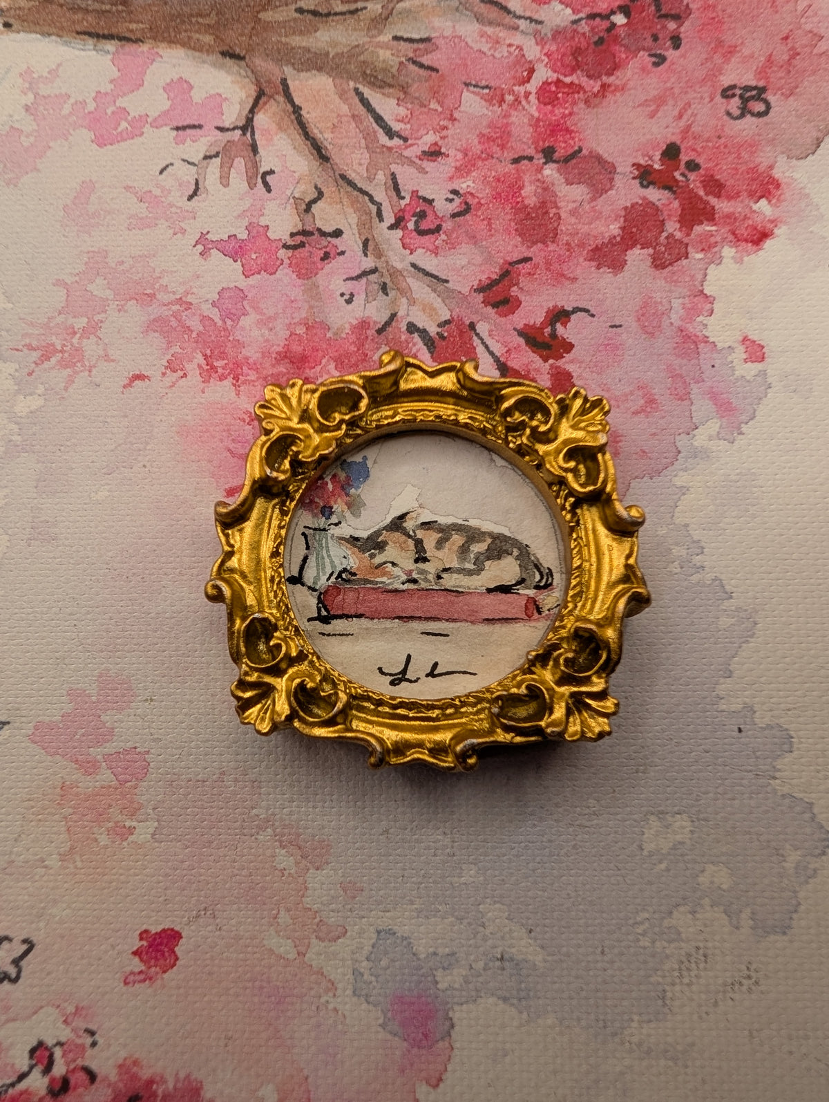 Mini Sleeping Cat Painting - Original Watercolor Art by Lora Cavallin