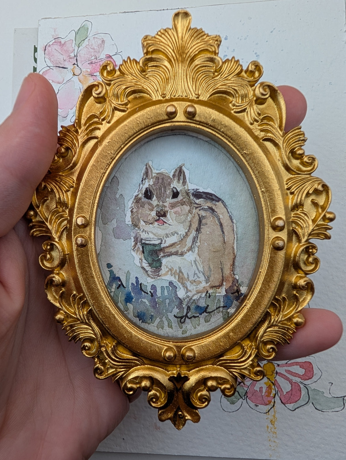 Mini Chipmunk with Coffee Painting - Original Watercolor Art by Lora Cavallin